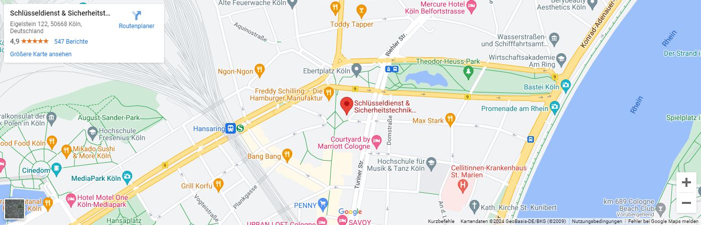 Google Maps Screenshot für die Lage des Schlüsseldienst in Köln